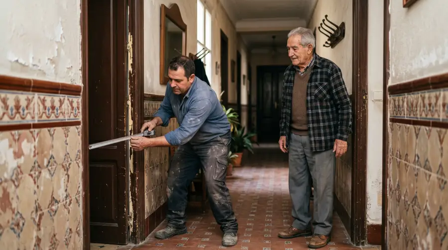 Un operario mide con un metro el ancho de una puerta en el pasillo de un piso antiguo mientras un hombre mayor lo observa.