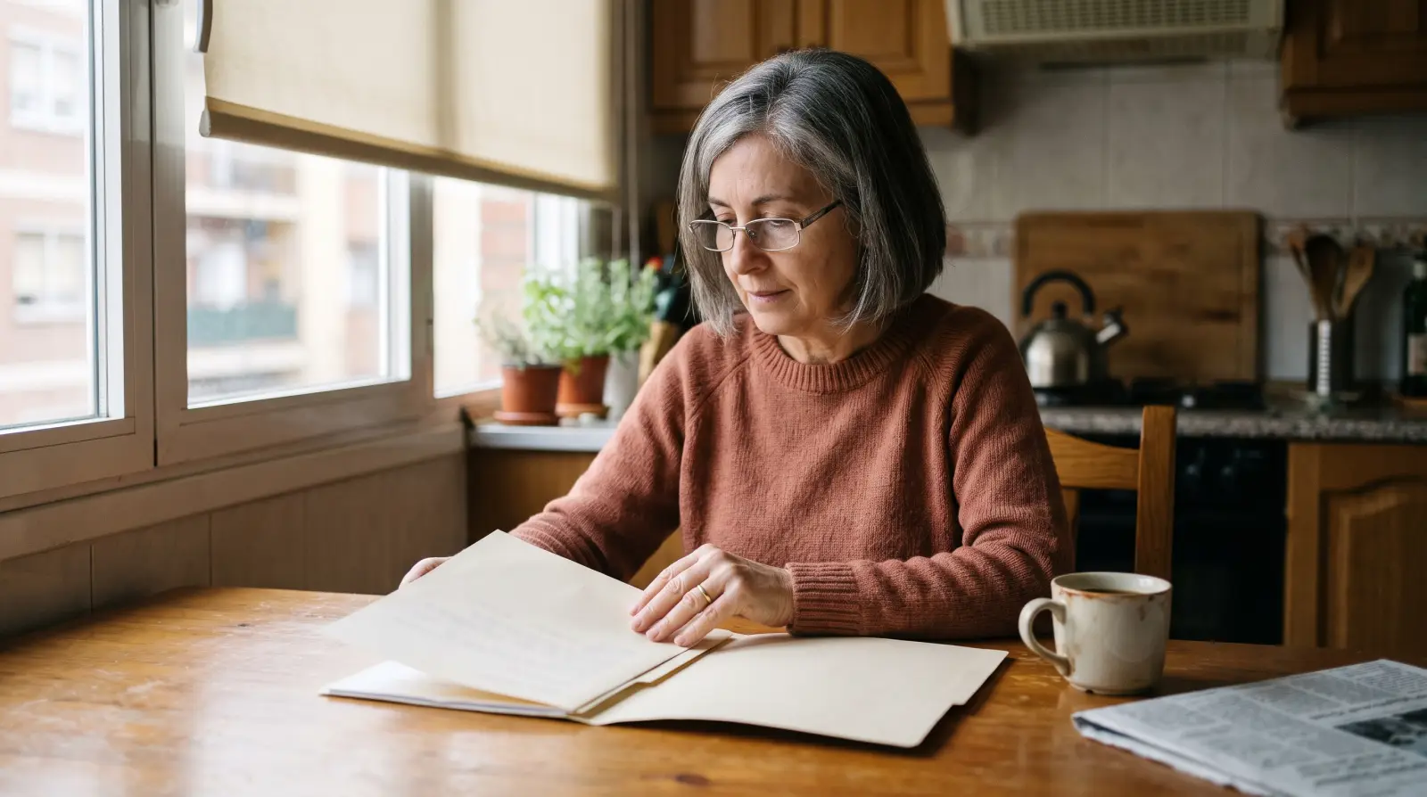 Una mujer de unos sesenta y cuatro años, con gafas, revisa unos papeles dentro de una carpeta en la mesa de su cocina.