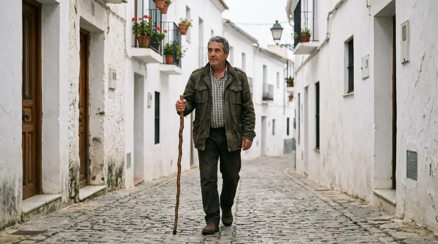 Un hombre de unos cincuenta y siete años camina con un bastón de madera por una calle encalada de un pueblo andaluz.