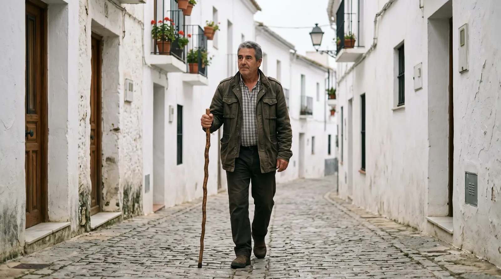 Un hombre de unos cincuenta y siete años camina con un bastón de madera por una calle encalada de un pueblo andaluz.