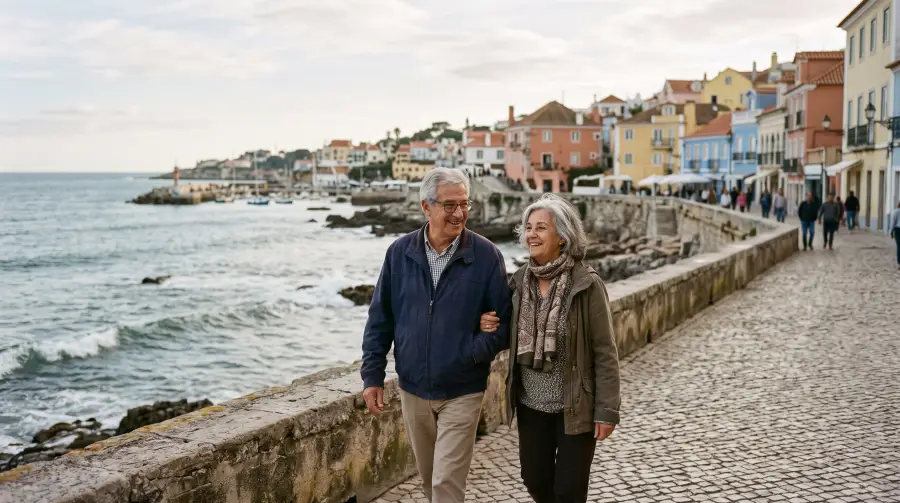 Una pareja de unos setenta años pasea del brazo por el paseo marítimo de una pequeña ciudad costera portuguesa.
