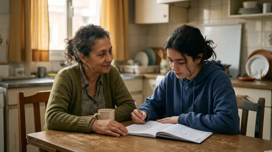 Una mujer de unos sesenta años acompaña a una adolescente que estudia con un cuaderno en la mesa de la cocina.