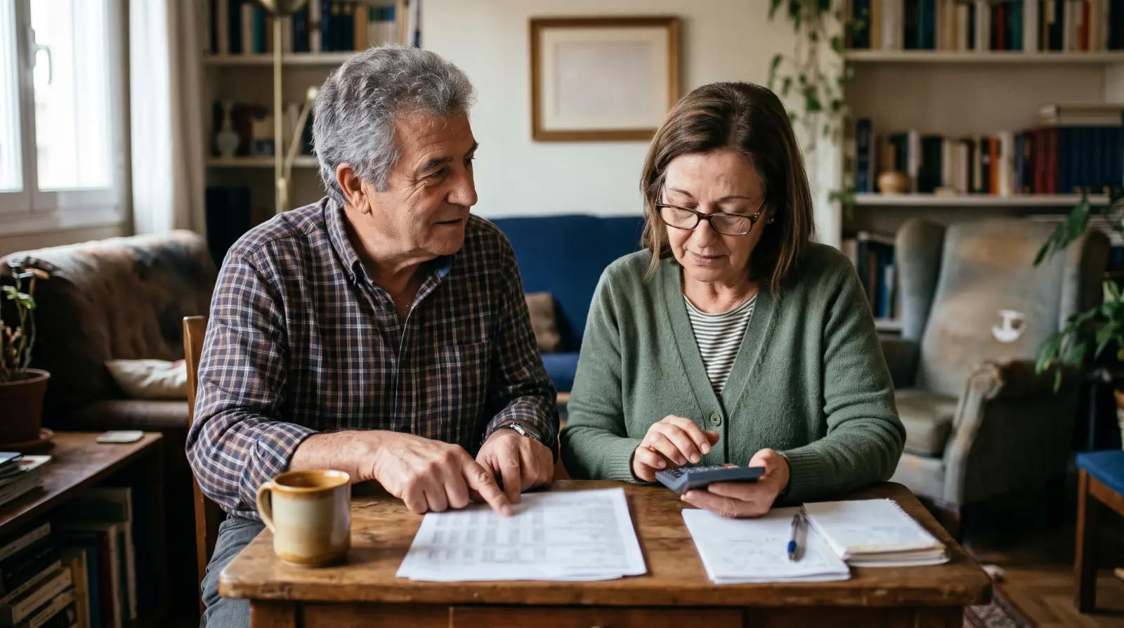 Una pareja de unos sesenta y seis años repasa unos papeles con una calculadora en la mesa del salón.