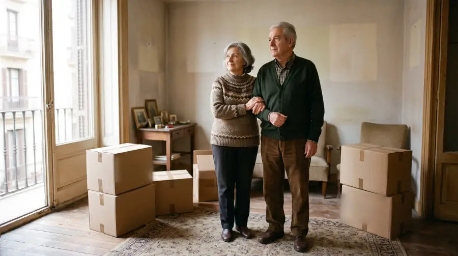 Una pareja de unos setenta años de pie en el salón casi vacío de su piso, rodeada de cajas de mudanza.