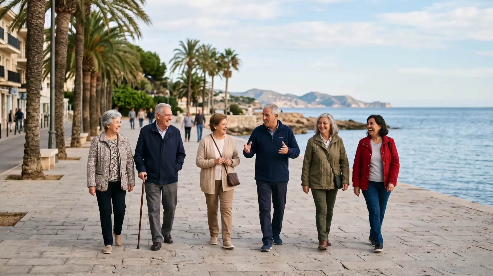 Un grupo de jubilados pasea por un paseo marítimo mediterráneo con palmeras en un día de otoño.